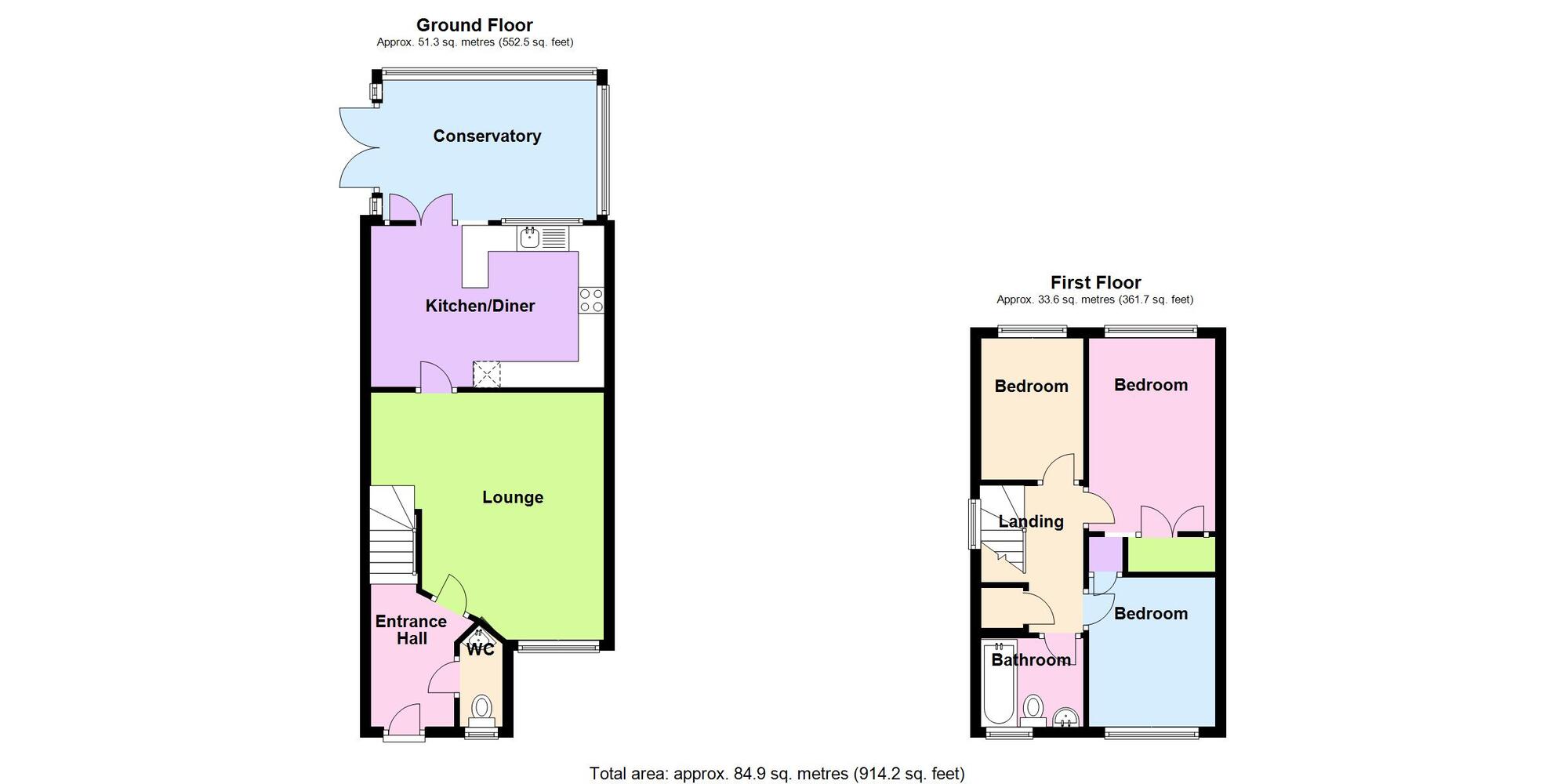 Floorplan of 3 bedroom End Terrace House for sale, Hatters Court, Bedworth, Warwickshire, CV12