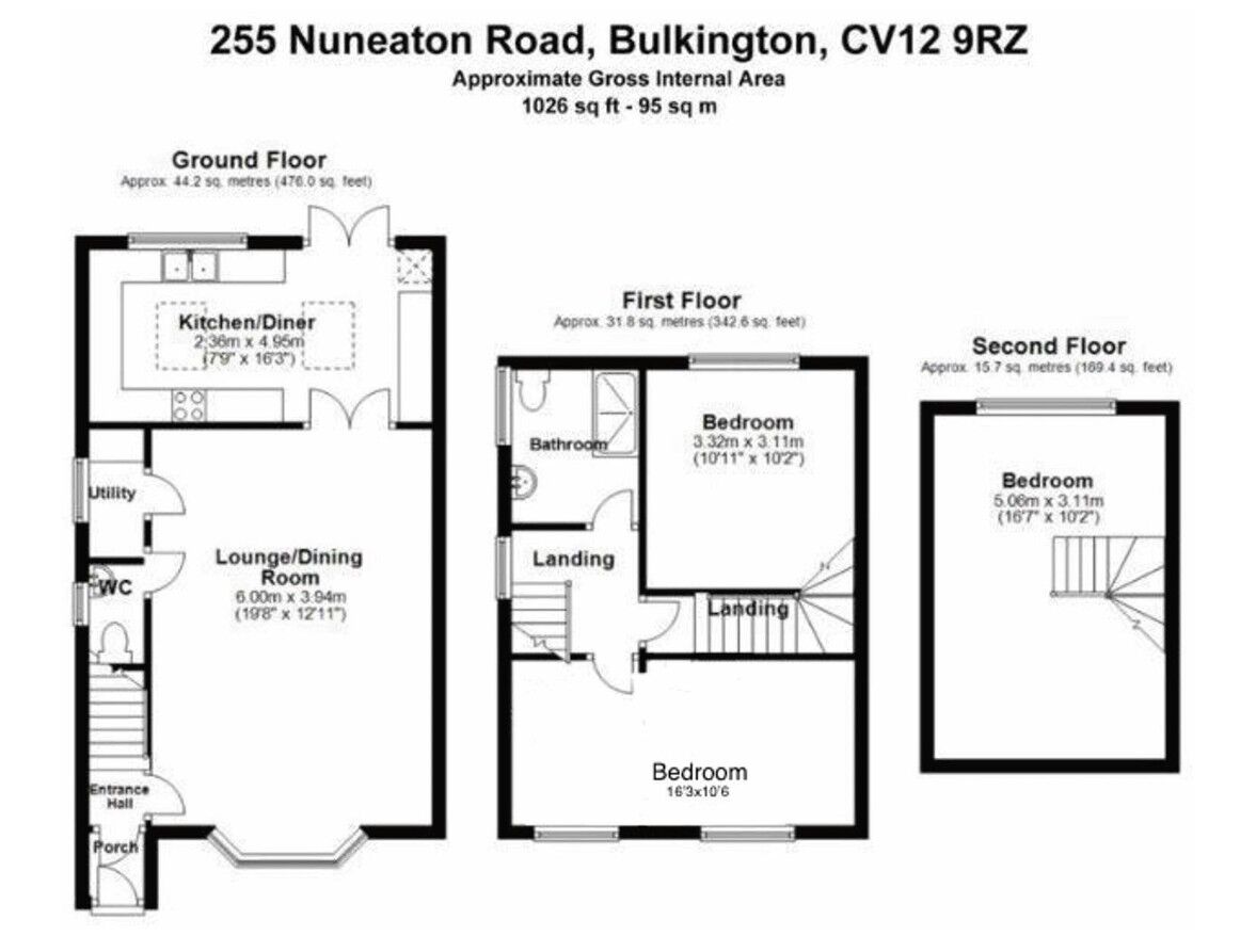 Floorplan of 3 bedroom Semi Detached House for sale, Nuneaton Road, Bulkington, Warwickshire, CV12