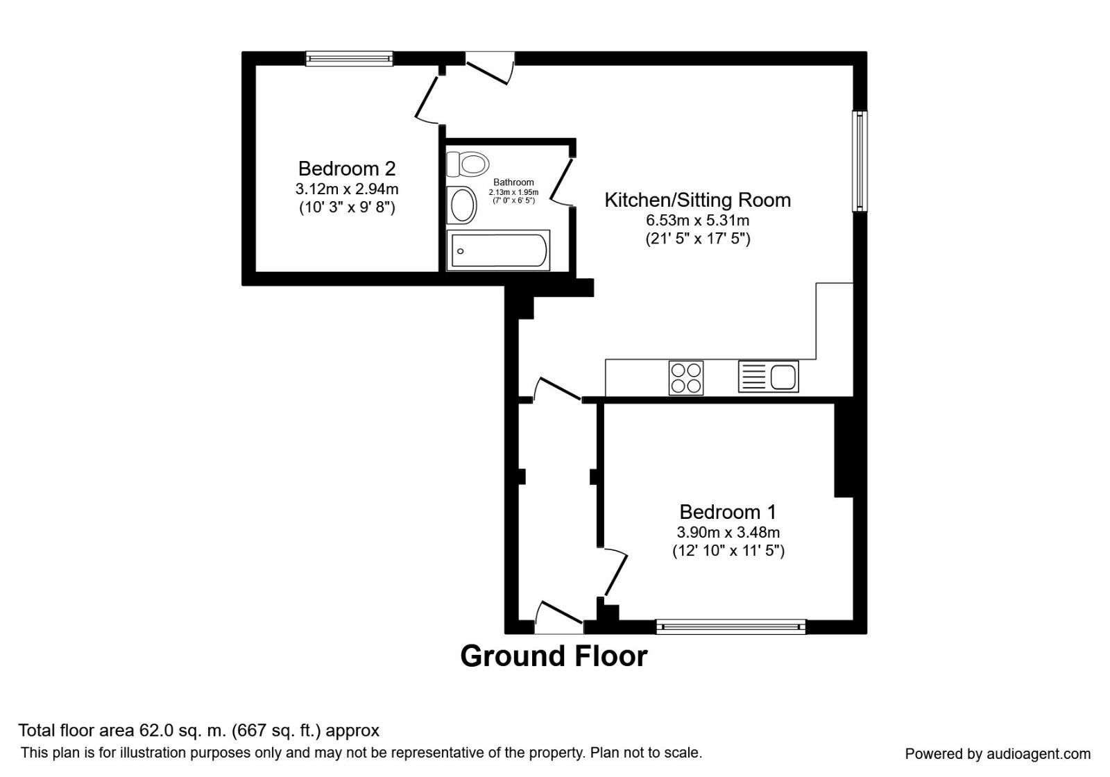 Floorplan of 2 bedroom Flat to rent, South Street North, New Whittington, Derbyshire, S43
