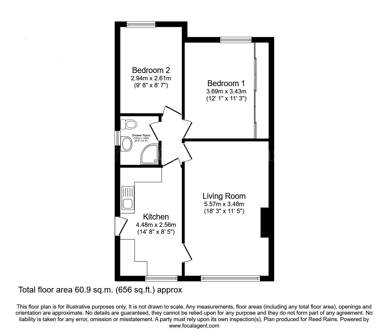 Floorplan of 2 bedroom Semi Detached Bungalow for sale, The Oval, North Anston, South Yorkshire, S25