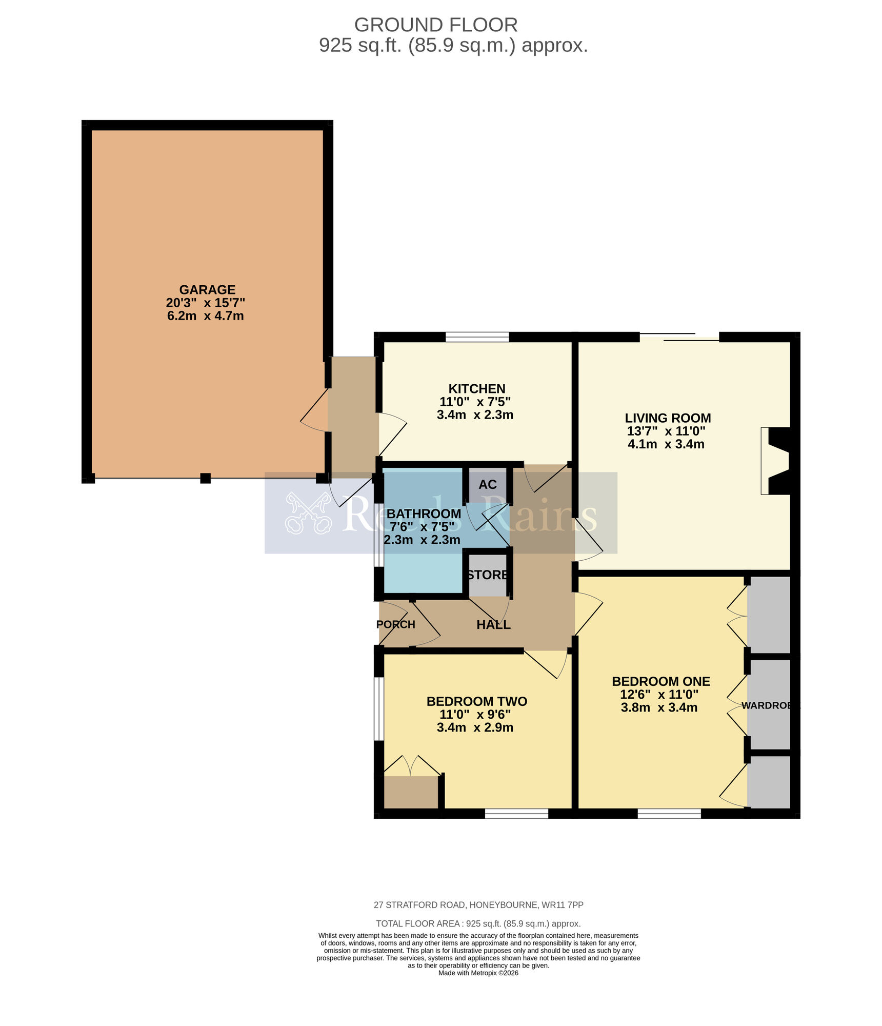 Floorplan of 2 bedroom Semi Detached Bungalow for sale, Stratford Road, Honeybourne, Worcestershire, WR11