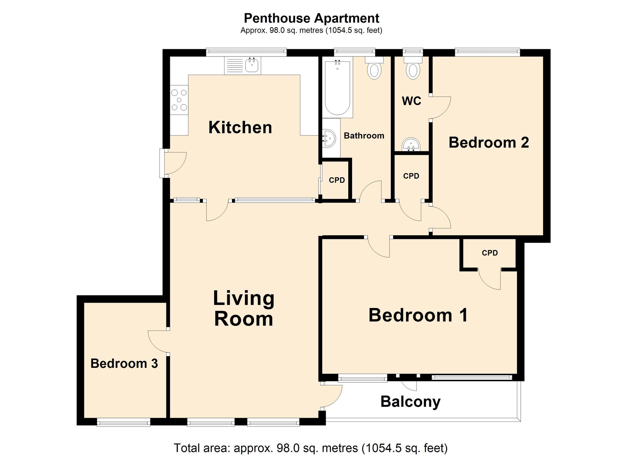 Floorplan of 3 bedroom  Flat for sale, Whitfield Hill, Kent, CT16