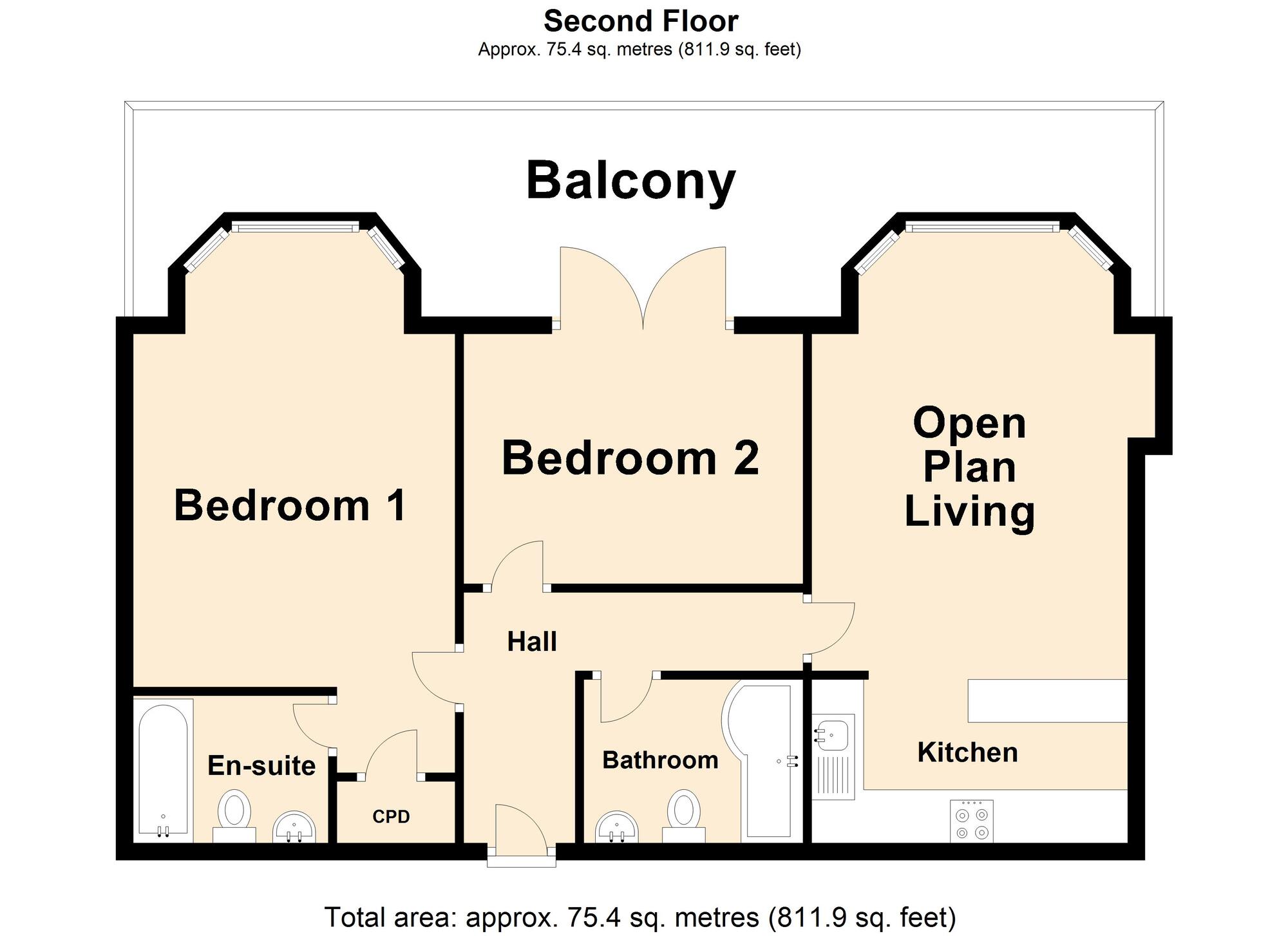Floorplan of 2 bedroom  Flat for sale, The Durlocks, Folkestone, Kent, CT19