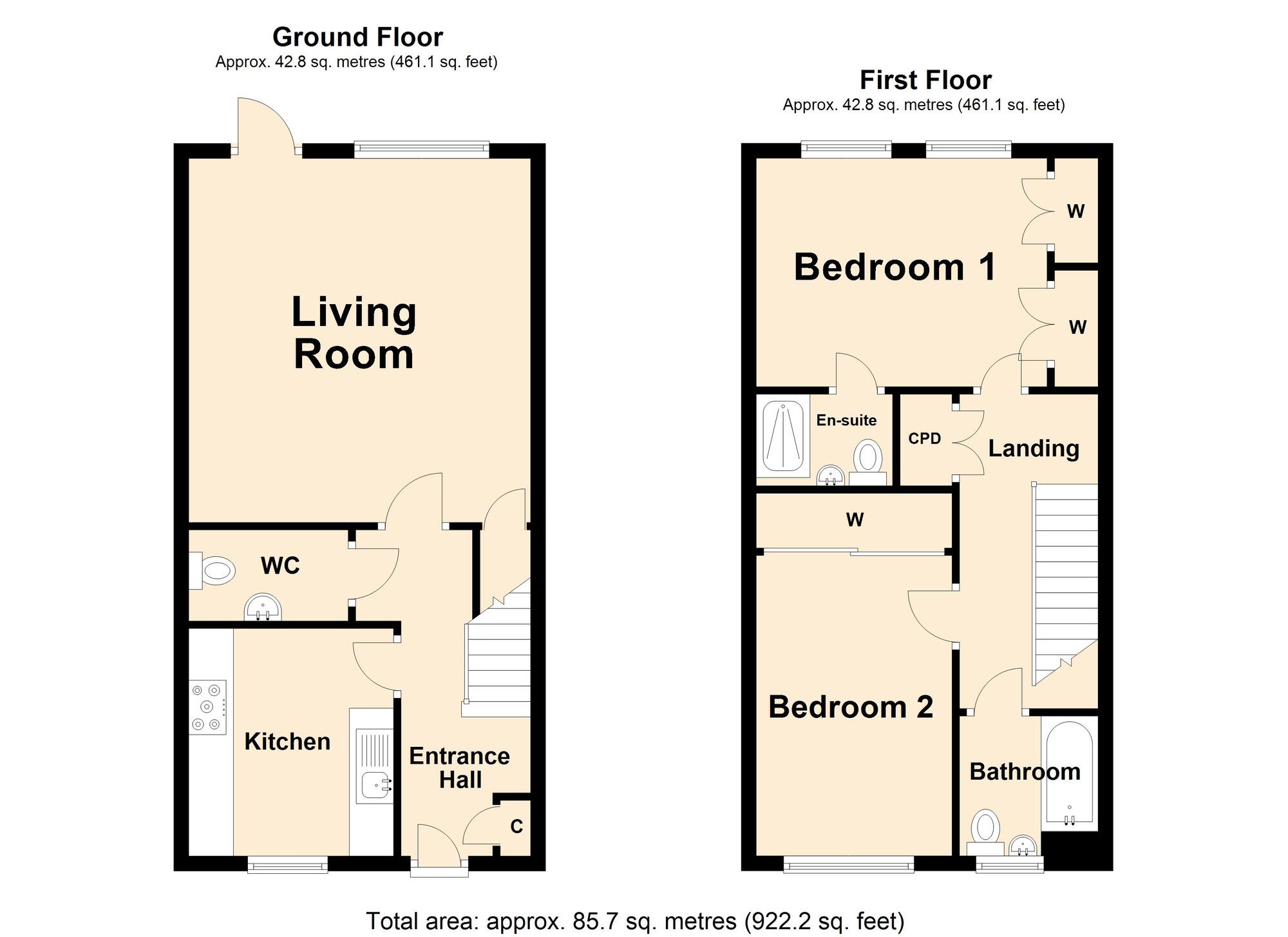 Floorplan of 2 bedroom Mid Terrace House for sale, Hurricane Way, Hawkinge, Kent, CT18