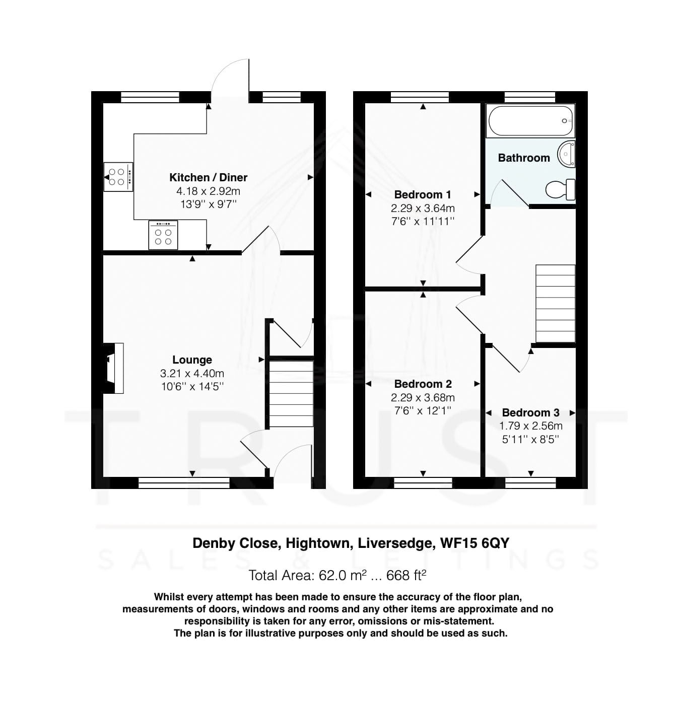 Floorplan of 3 bedroom End Terrace House to rent, Denby Close, Liversedge, West Yorkshire, WF15