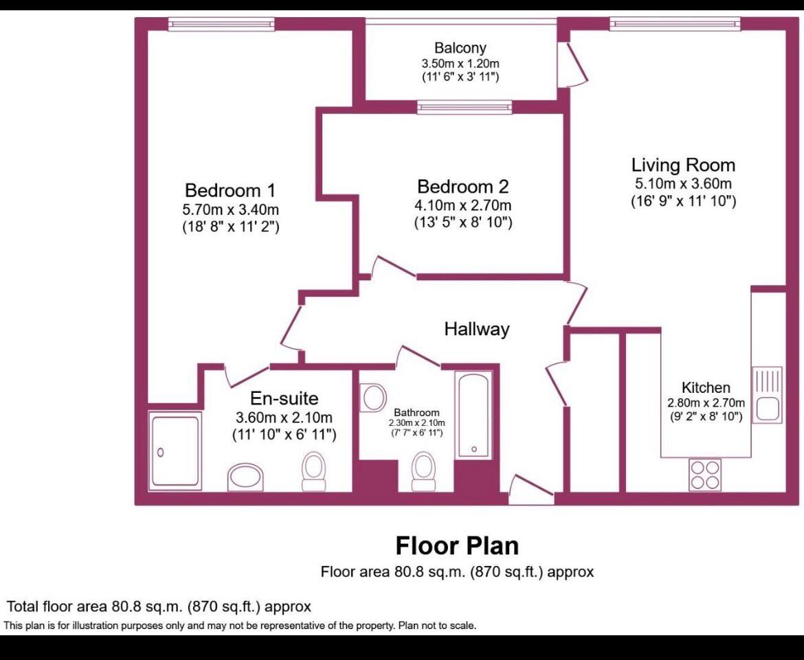 Floorplan of 2 bedroom Flat to rent, Millennium Point, 254 The Quays, Greater Manchester, M50