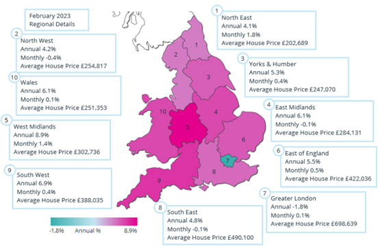 Map England showing house prices