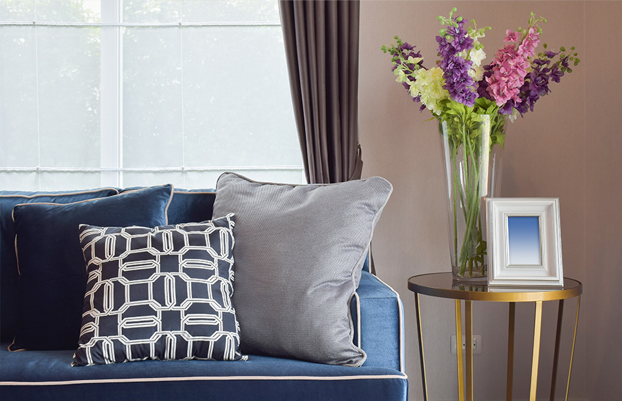 A neat couch and side table