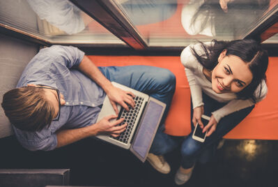 two people look up 